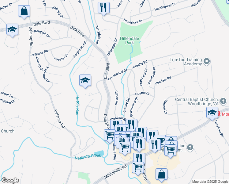 map of restaurants, bars, coffee shops, grocery stores, and more near 13712 Gilbert Road in Woodbridge