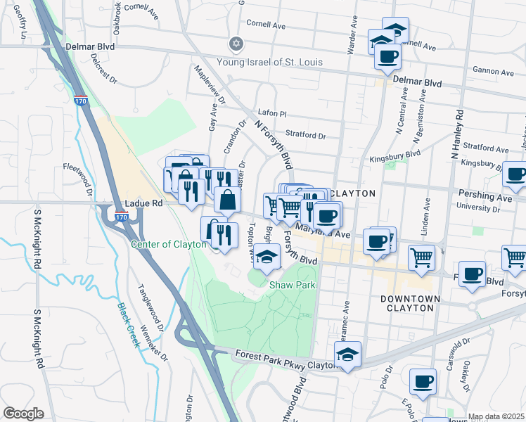 map of restaurants, bars, coffee shops, grocery stores, and more near 114 Topton Way in Clayton