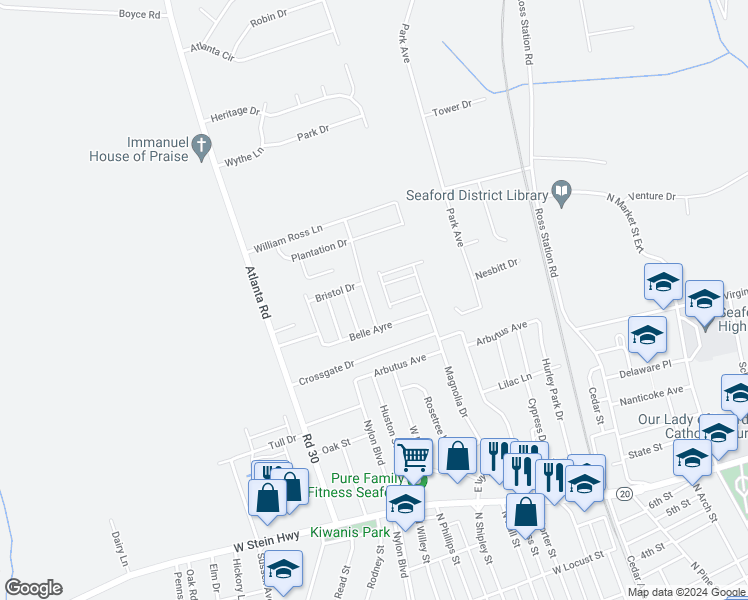 map of restaurants, bars, coffee shops, grocery stores, and more near 507 Chatham Drive in Seaford