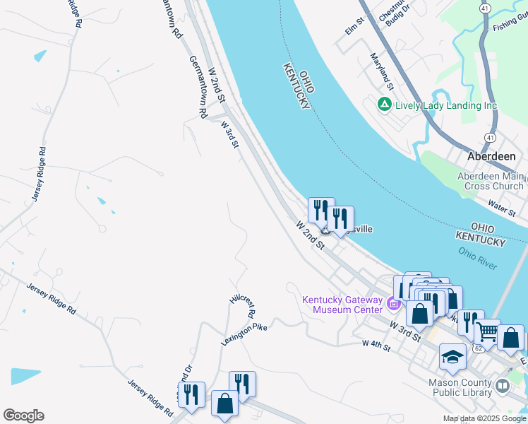 map of restaurants, bars, coffee shops, grocery stores, and more near 472 West 3rd Street in Maysville