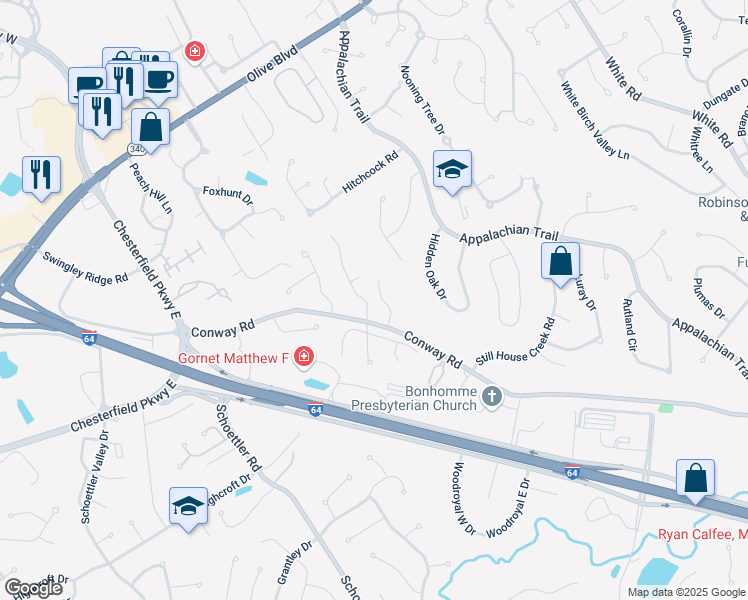 map of restaurants, bars, coffee shops, grocery stores, and more near 1374 Regency Estates Court in Chesterfield