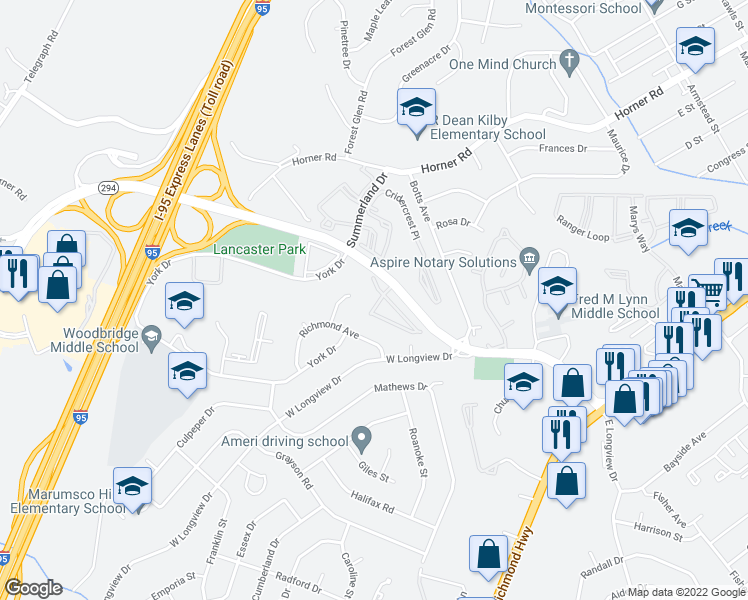 map of restaurants, bars, coffee shops, grocery stores, and more near 13806 Breezy Ridge Way in Woodbridge