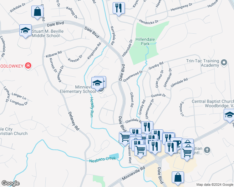 map of restaurants, bars, coffee shops, grocery stores, and more near 13636 Greenwood Drive in Woodbridge