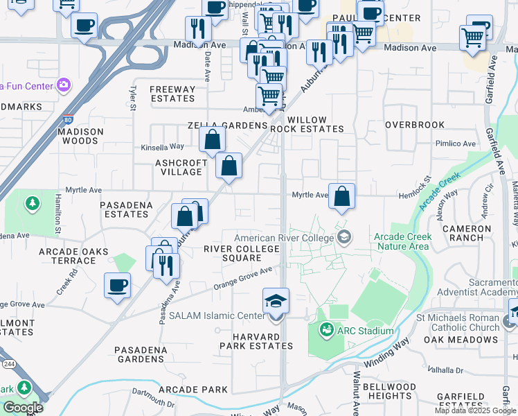 map of restaurants, bars, coffee shops, grocery stores, and more near 4824 Myrtle Avenue in Sacramento