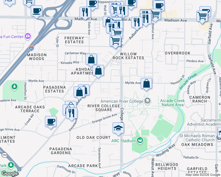 map of restaurants, bars, coffee shops, grocery stores, and more near 4824 Myrtle Avenue in Sacramento