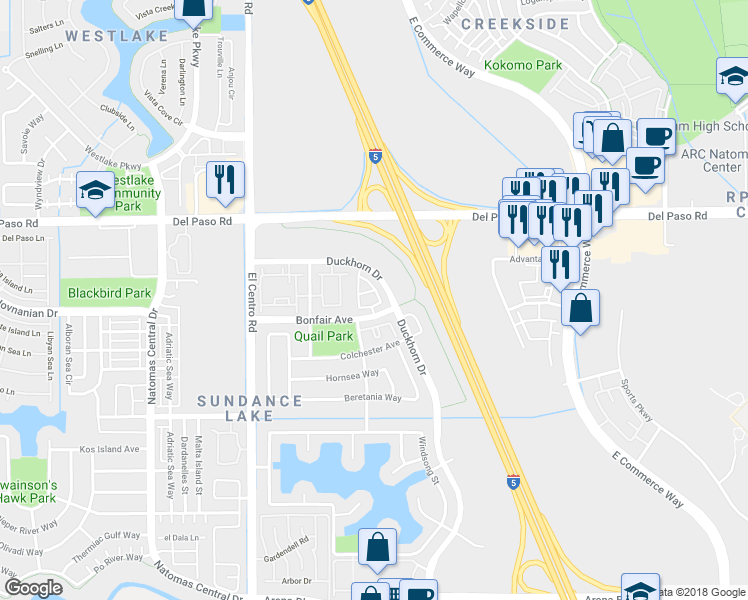 map of restaurants, bars, coffee shops, grocery stores, and more near 480 Penhow Circle in Sacramento