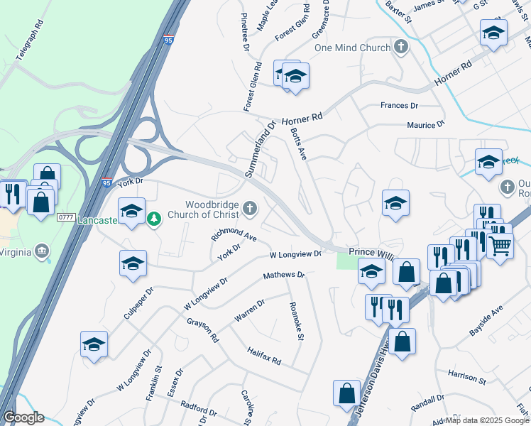 map of restaurants, bars, coffee shops, grocery stores, and more near 13806 Breezy Ridge Way in Woodbridge
