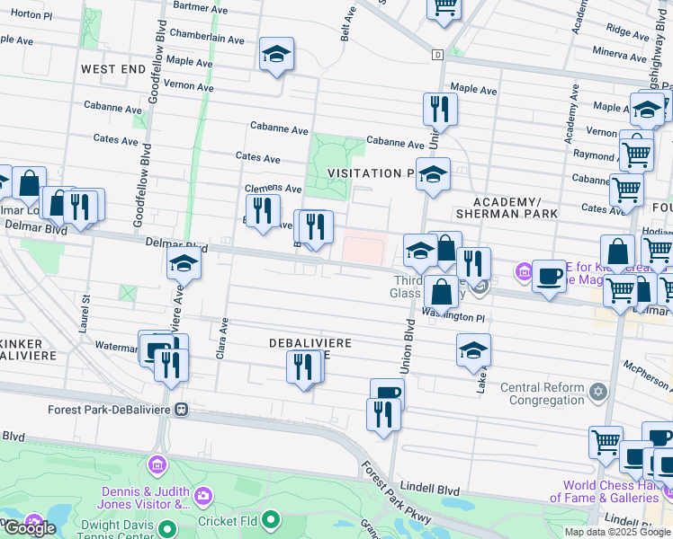 map of restaurants, bars, coffee shops, grocery stores, and more near 2 Beverly Place in St. Louis