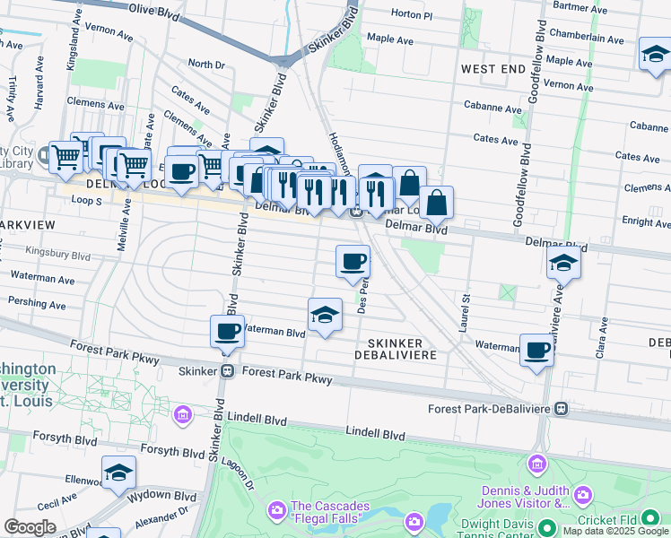 map of restaurants, bars, coffee shops, grocery stores, and more near 6047 Westminster Place in St. Louis