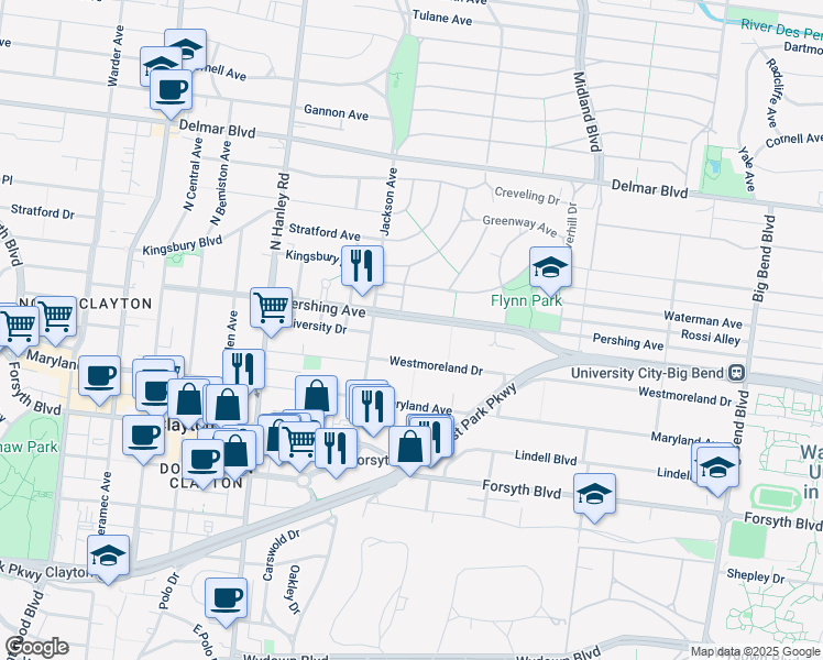 map of restaurants, bars, coffee shops, grocery stores, and more near 7386 Pershing Avenue in St. Louis