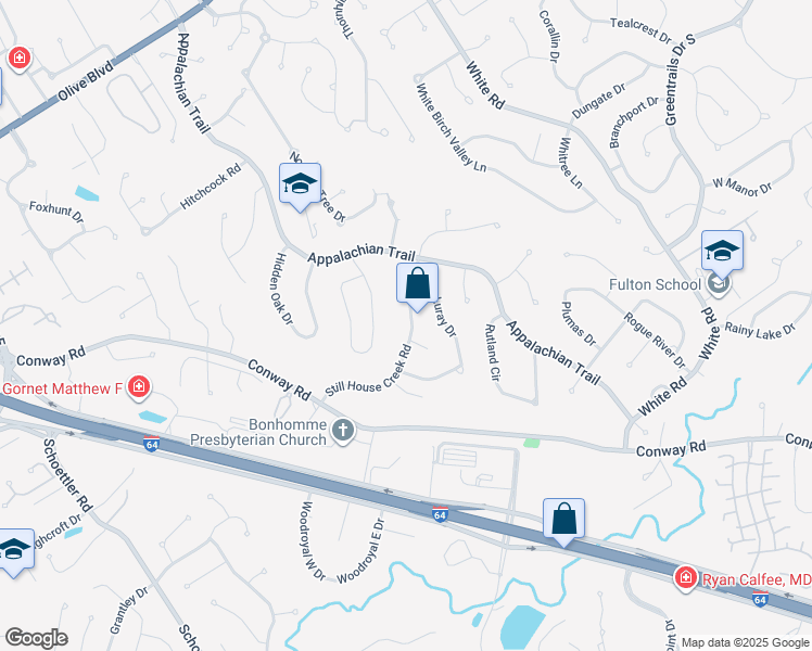 map of restaurants, bars, coffee shops, grocery stores, and more near 1274 Still House Creek Road in Chesterfield