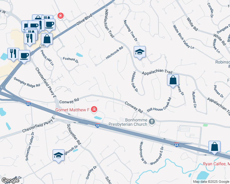 map of restaurants, bars, coffee shops, grocery stores, and more near 1374 Regency Estates Court in Chesterfield