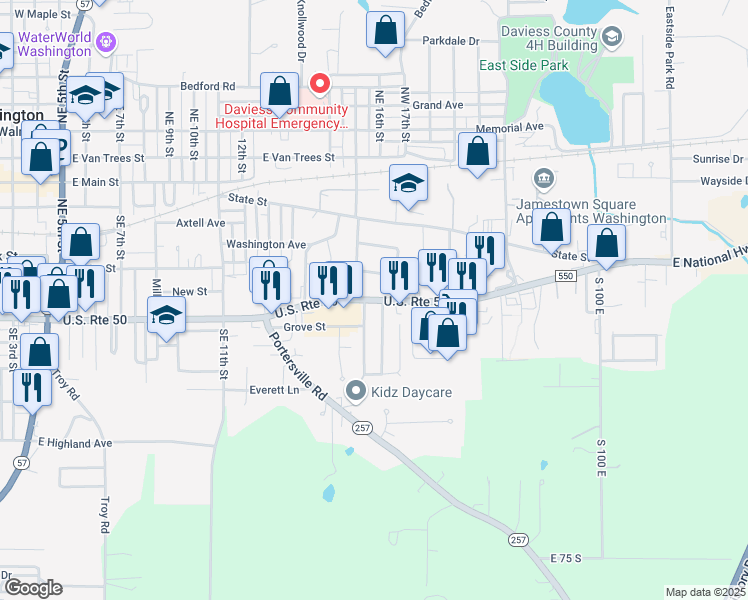 map of restaurants, bars, coffee shops, grocery stores, and more near East National Highway in Washington