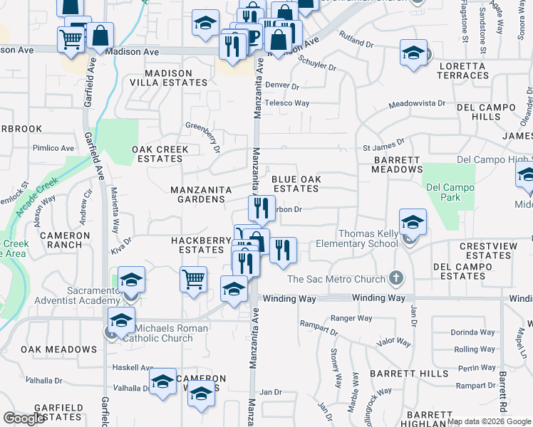 map of restaurants, bars, coffee shops, grocery stores, and more near 5908 Bourbon Drive in Carmichael