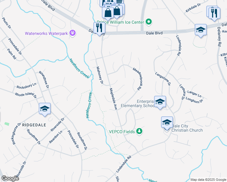 map of restaurants, bars, coffee shops, grocery stores, and more near 13807 Mapledale Avenue in Woodbridge