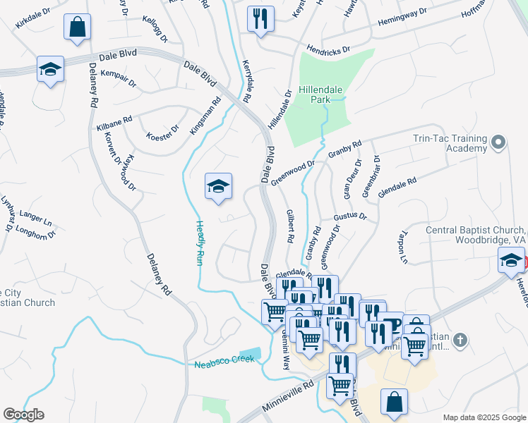 map of restaurants, bars, coffee shops, grocery stores, and more near 4489 Dale Boulevard in Woodbridge