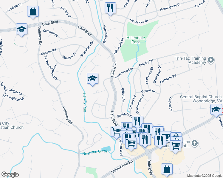 map of restaurants, bars, coffee shops, grocery stores, and more near 4489 Dale Boulevard in Woodbridge