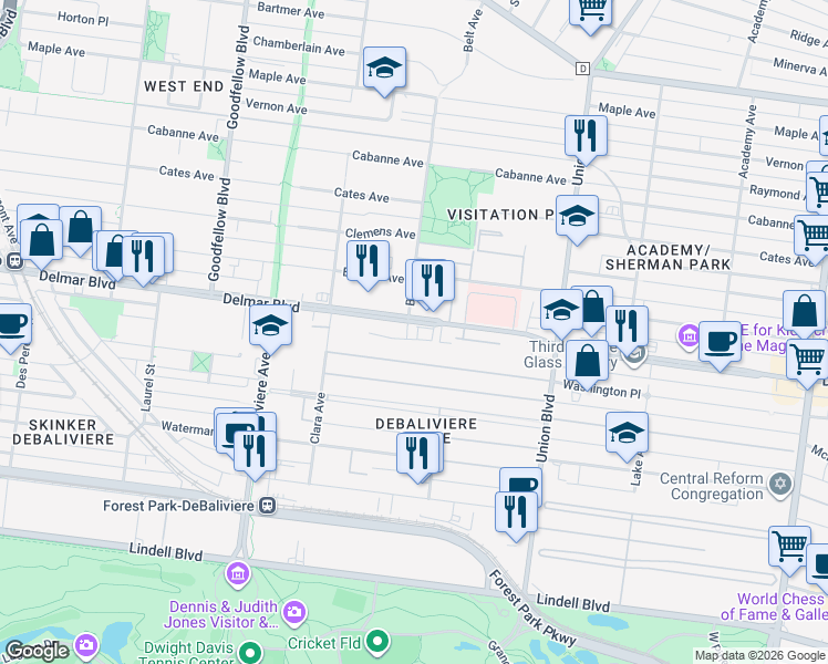 map of restaurants, bars, coffee shops, grocery stores, and more near 5467 Delmar Boulevard in St. Louis
