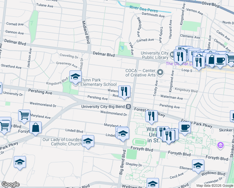 map of restaurants, bars, coffee shops, grocery stores, and more near 7043 Waterman Avenue in University City