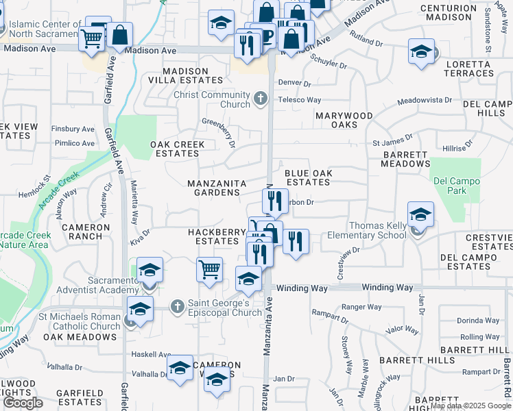 map of restaurants, bars, coffee shops, grocery stores, and more near 4849 Manzanita Avenue in Carmichael