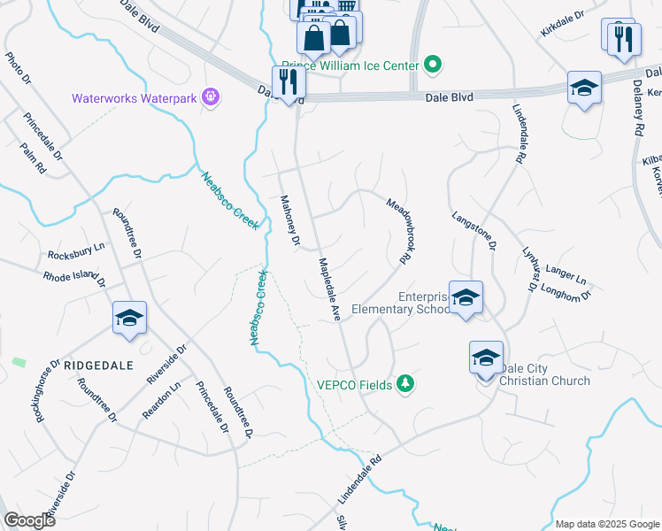 map of restaurants, bars, coffee shops, grocery stores, and more near 13807 Mapledale Avenue in Woodbridge