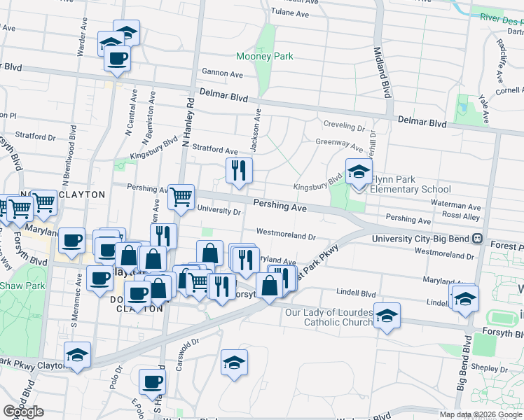 map of restaurants, bars, coffee shops, grocery stores, and more near 7380 Pershing Avenue in St. Louis