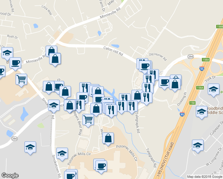 map of restaurants, bars, coffee shops, grocery stores, and more near 2660 Prince William Parkway in Woodbridge