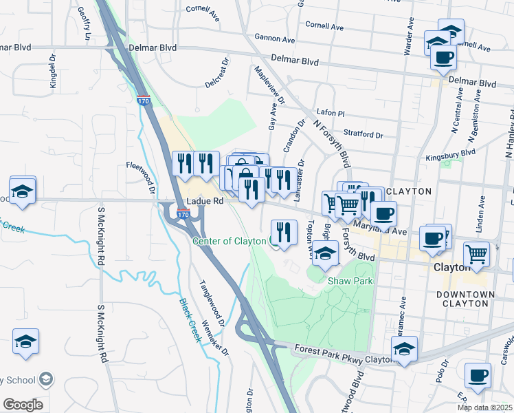 map of restaurants, bars, coffee shops, grocery stores, and more near 8500 Maryland Avenue in St. Louis