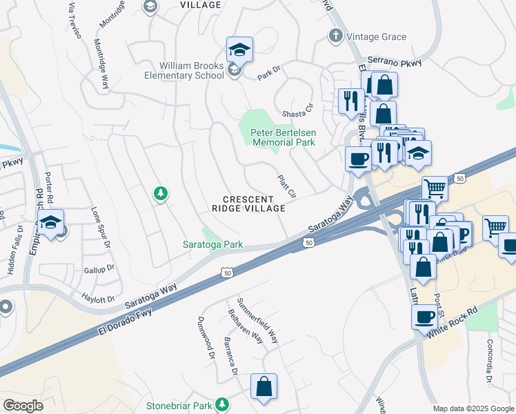 map of restaurants, bars, coffee shops, grocery stores, and more near 366 Platt Circle in El Dorado Hills