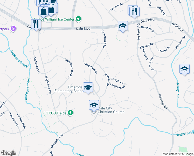 map of restaurants, bars, coffee shops, grocery stores, and more near 13867 Langstone Drive in Woodbridge