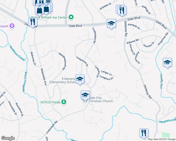 map of restaurants, bars, coffee shops, grocery stores, and more near 13867 Langstone Drive in Woodbridge