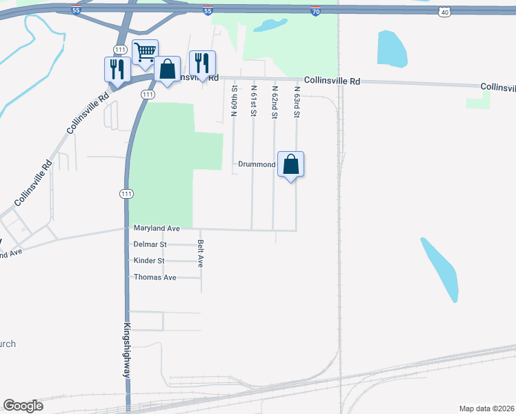 map of restaurants, bars, coffee shops, grocery stores, and more near 2915 North 61st Street in East St. Louis