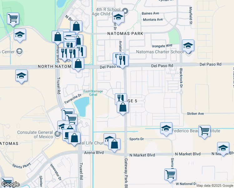 map of restaurants, bars, coffee shops, grocery stores, and more near 4451 Gateway Park Boulevard in Sacramento