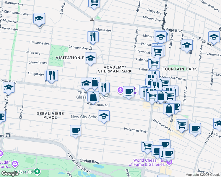 map of restaurants, bars, coffee shops, grocery stores, and more near 5181 Enright Avenue in St. Louis