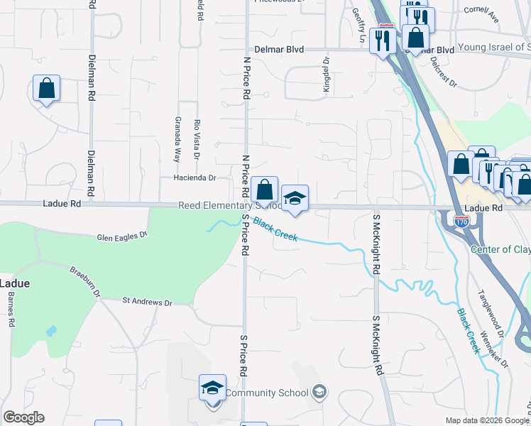 map of restaurants, bars, coffee shops, grocery stores, and more near 2 Town and Country Drive in St. Louis