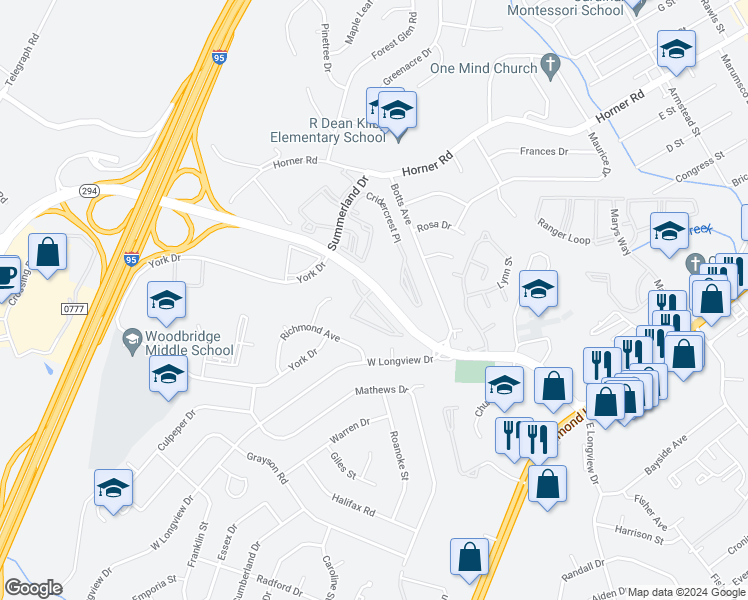 map of restaurants, bars, coffee shops, grocery stores, and more near 1844 Cedar Cove Way in Woodbridge