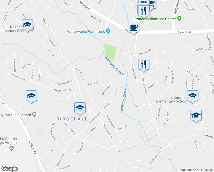 map of restaurants, bars, coffee shops, grocery stores, and more near 5540 Rowser Drive in Woodbridge