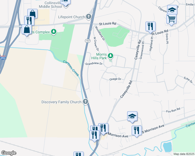 map of restaurants, bars, coffee shops, grocery stores, and more near 205 South Crown Drive in Collinsville