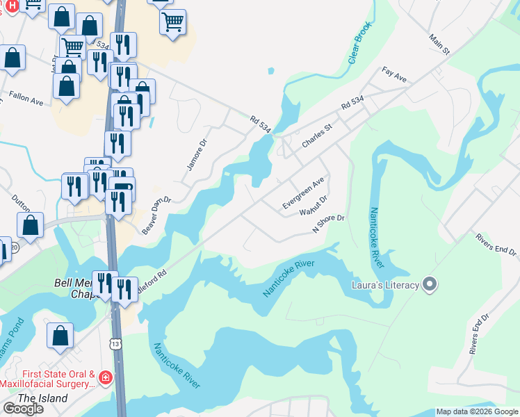 map of restaurants, bars, coffee shops, grocery stores, and more near 9377 Middleford Road in Seaford