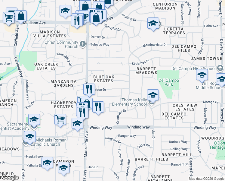 map of restaurants, bars, coffee shops, grocery stores, and more near 6019 Bourbon Drive in Carmichael