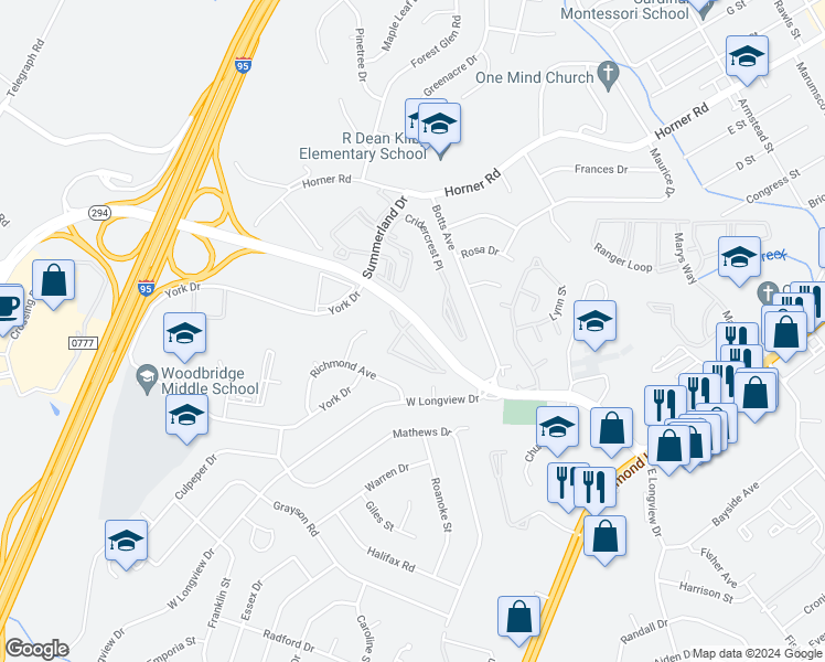 map of restaurants, bars, coffee shops, grocery stores, and more near 1846 Cedar Cove Way in Woodbridge