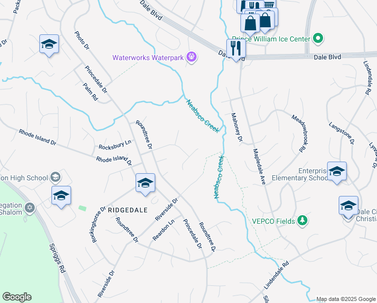 map of restaurants, bars, coffee shops, grocery stores, and more near 5540 Rowser Drive in Woodbridge