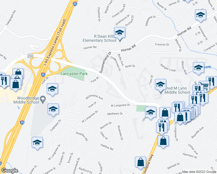 map of restaurants, bars, coffee shops, grocery stores, and more near 13800 Breezy Ridge Way in Woodbridge