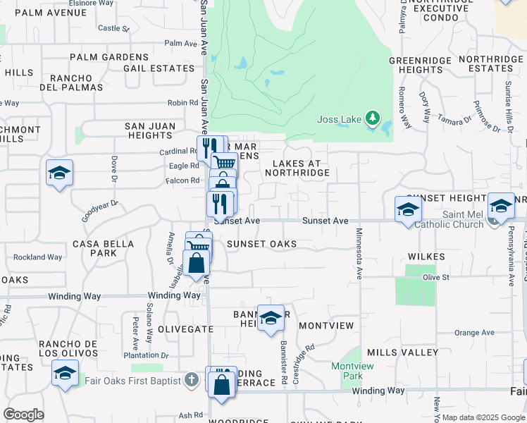 map of restaurants, bars, coffee shops, grocery stores, and more near 7529 Sunset Ave in Fair Oaks