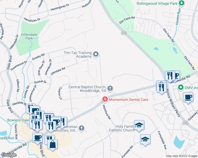 map of restaurants, bars, coffee shops, grocery stores, and more near 3919 Dutch Elm Court in Woodbridge