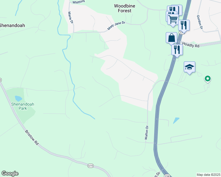 map of restaurants, bars, coffee shops, grocery stores, and more near 13891 Calico Lane in Manassas