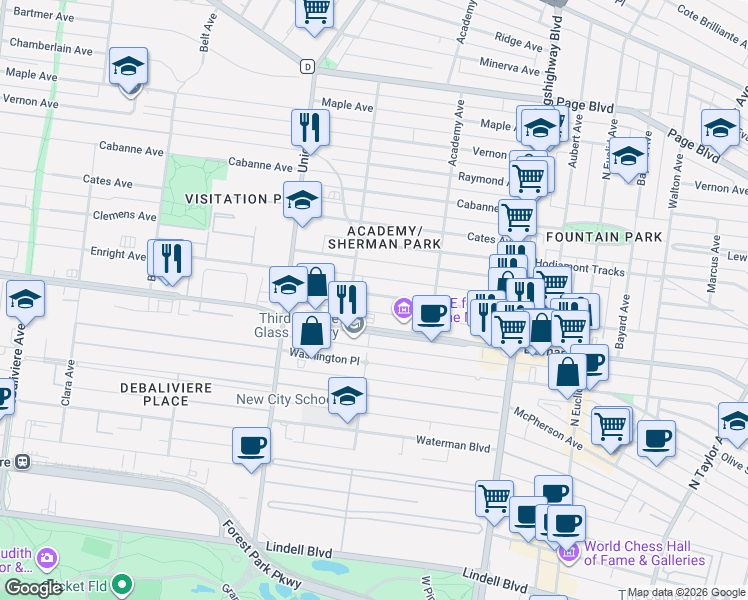 map of restaurants, bars, coffee shops, grocery stores, and more near 5185 Enright Avenue in St. Louis