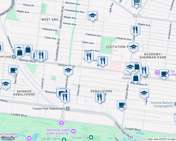 map of restaurants, bars, coffee shops, grocery stores, and more near 5540 Delmar Boulevard in St. Louis