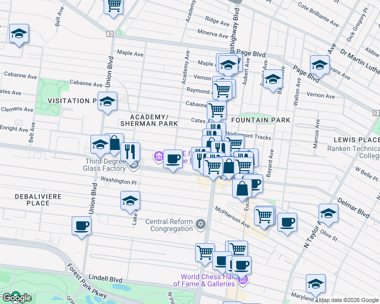 map of restaurants, bars, coffee shops, grocery stores, and more near 5061 Enright Avenue in St. Louis