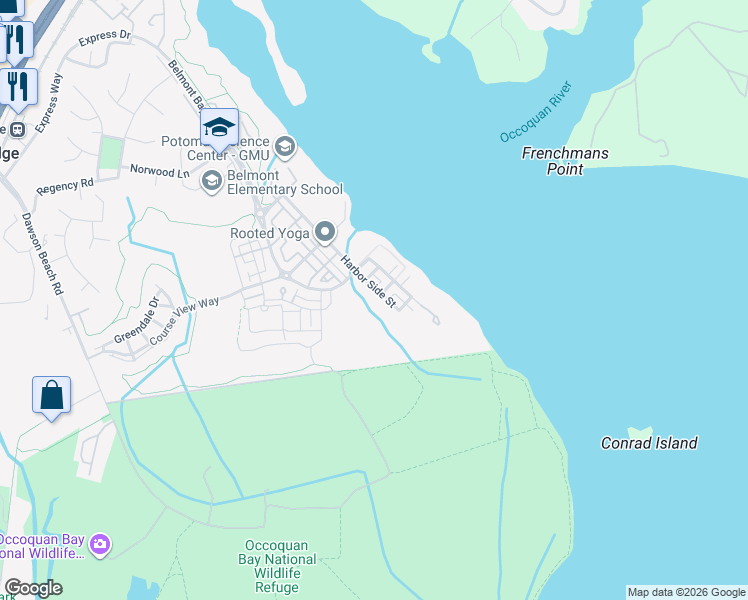 map of restaurants, bars, coffee shops, grocery stores, and more near 485 Harbor Side Street in Woodbridge
